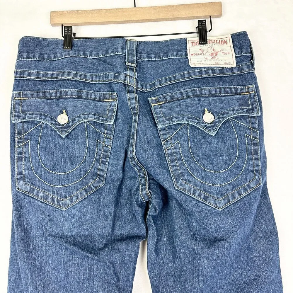 True Religion Billy Bootcut Jeans Size 36x33 Flap Pockets Big T Cotton USA Made